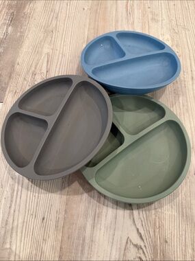 Set of 3 Silicone Divided Plates in Blue, Gray, and Sage